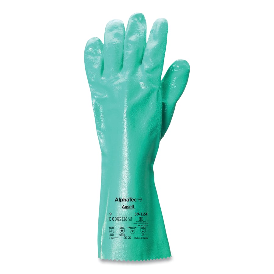 39-124 14 in Reinforced Nitrile Gloves, Guntlet Cuff, Interlock Knit Cotton Liner, Size 9, Green