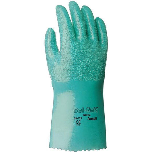 39-124 14 in Reinforced Nitrile Gloves, Guntlet Cuff, Interlock Knit Cotton Liner, Size 10, Green